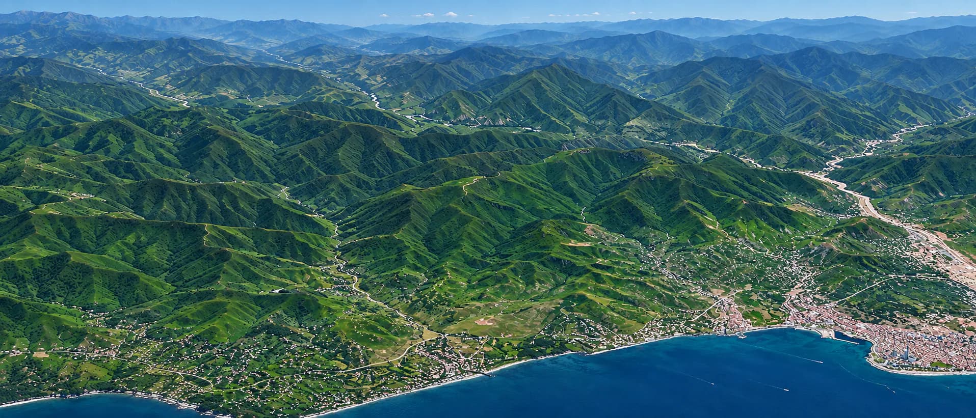 Aerial panorama of the Black Sea coast, Batumi and the green hills of Adjara
