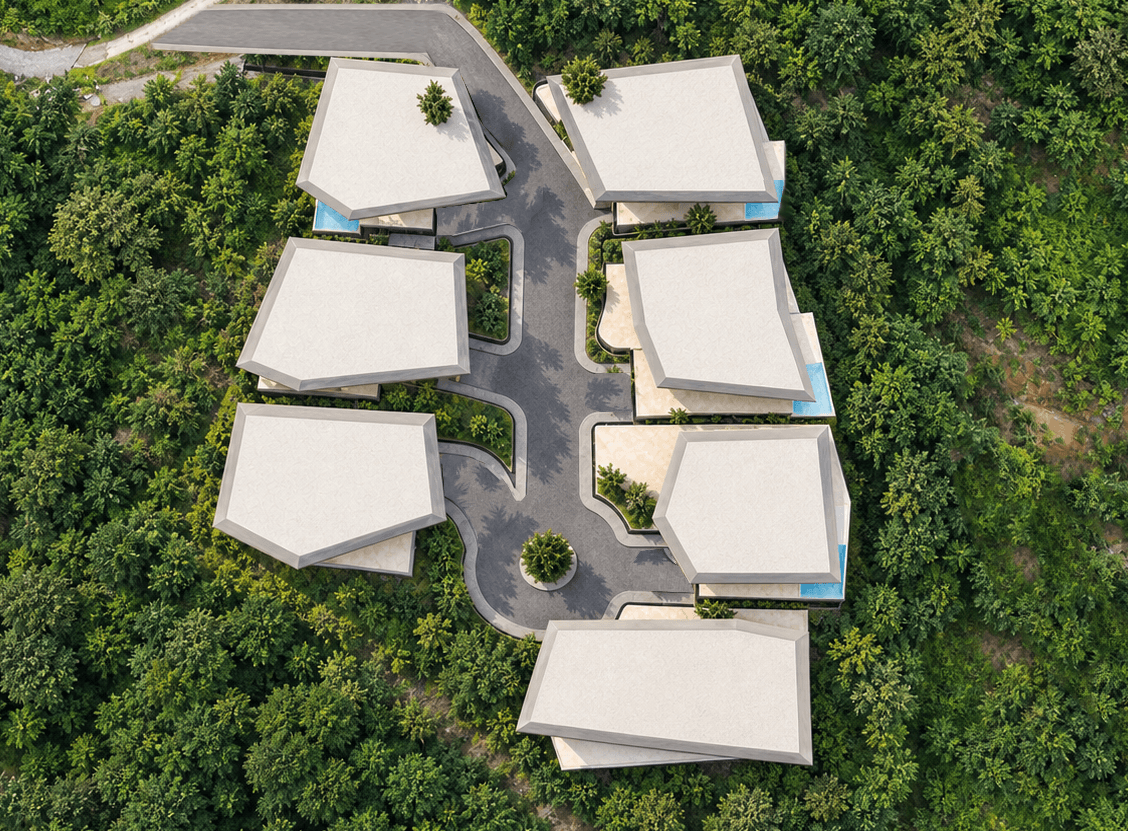 Top-down plan of the seven-home Mandarini Hills community