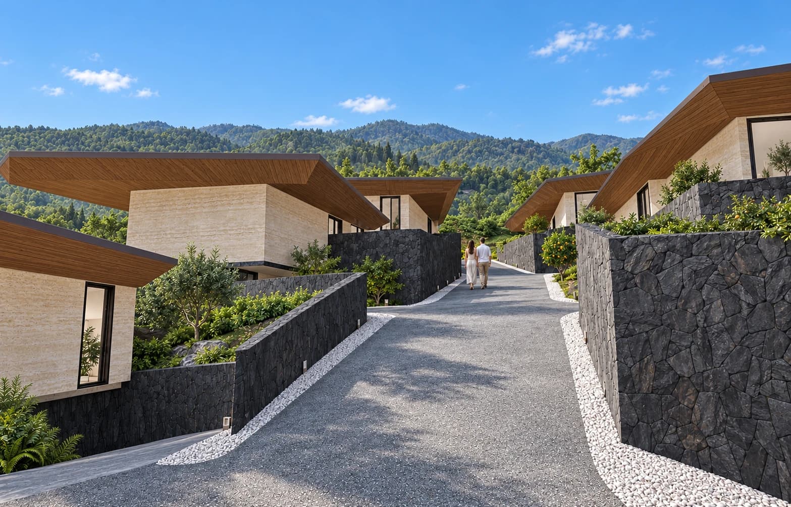A daylight walk between Mandarini Hills villas