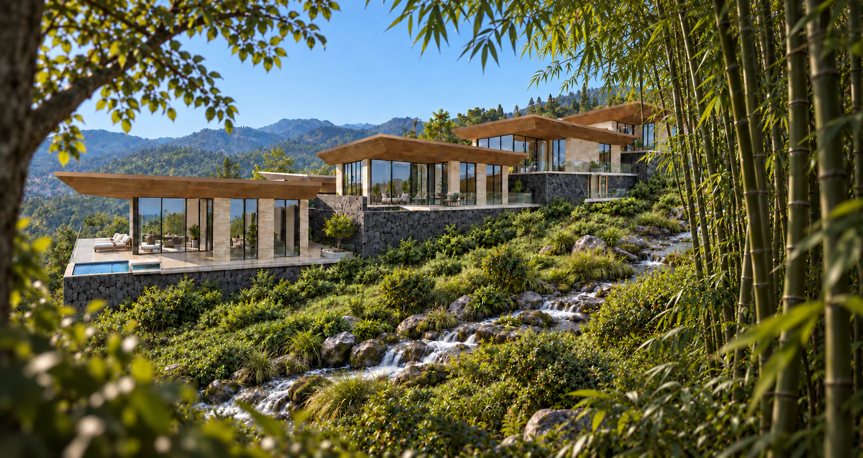 Hillside residences beside a stream and bamboo grove