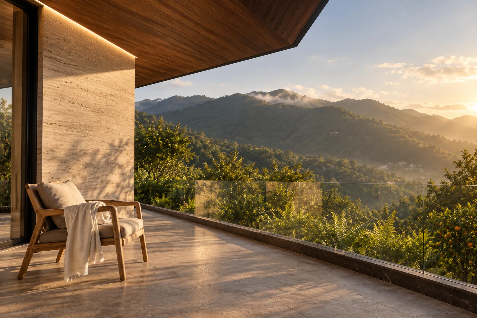 Mandarini travertine terrace and timber roof overlooking the Chaisubani mountains