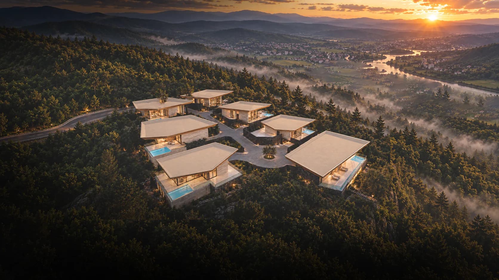 Seven Mandarini Hills homes overlooking the Georgian landscape at sunset
