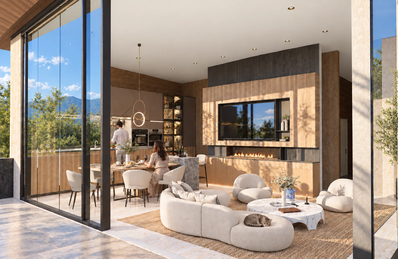 Spring villa living and dining spaces opening onto the terrace