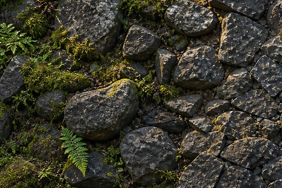 Raw moss-covered Georgian basalt