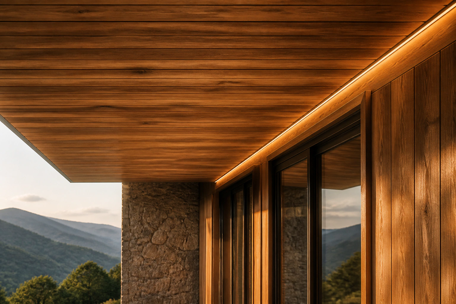 Finished timber soffit and facade