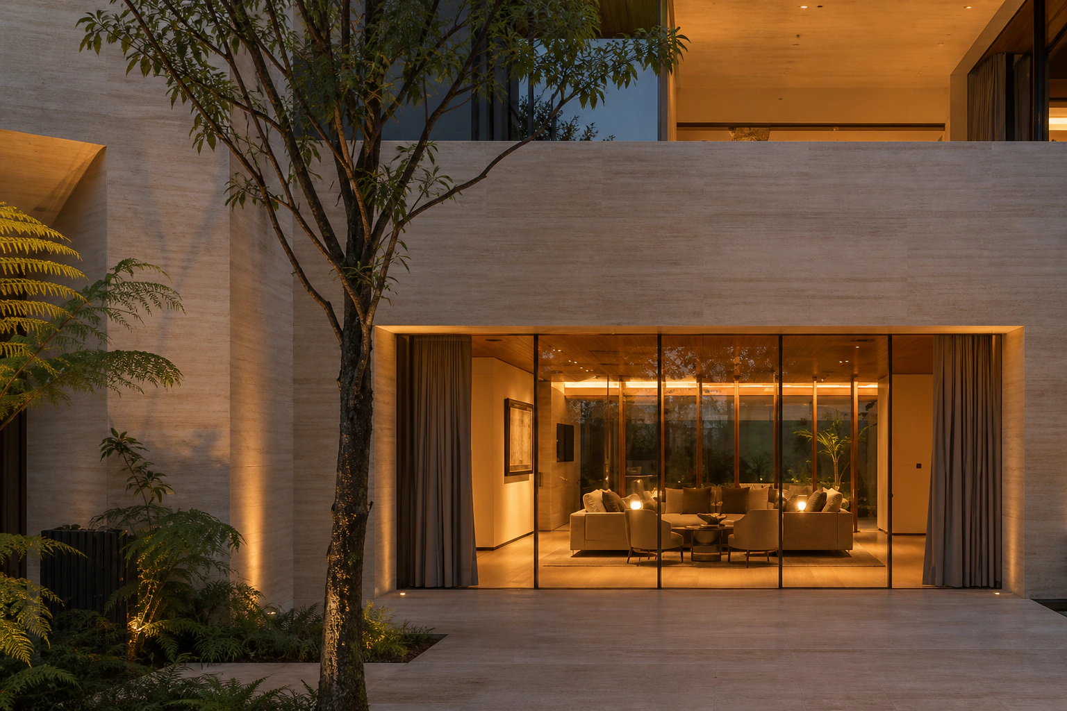 Monolithic travertine villa facade